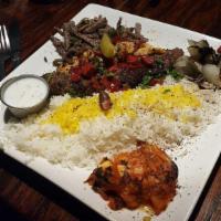 Babylon Special · A generous dish of kufta beef kabob, chicken tikka and beef shawarma. Served with choice of ...