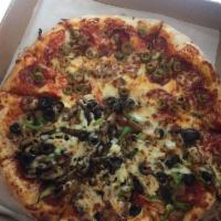 Supreme · Canadian bacon, pepperoni, sausage, green peppers, onions, olives and mushrooms.