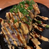 Katsu Musubi · Deep-fried spam musubi with tempura batter and bread crumbs. Topped with spicy mayo, teriyak...