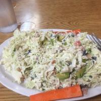 Special Chicken Salad · Cabbage, red onions, tomatoes, olives, and veganaise, mixed with chicken, and topped with ch...