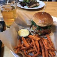 Turkey Burger · Ground turkey patty, sharp cheddar, roasted red pepper, baby arugula and capers aioli, house...