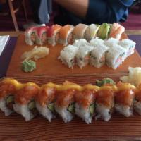 Rainbow Roll · California roll topped with various sashimi pieces.