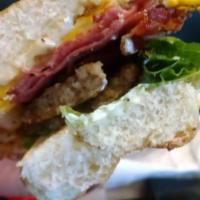 Quadruple Bypass Sandwich · 3 fried eggs, sausage, bacon, pork roll, American cheese, lettuce, tomato and mayonnaise ser...