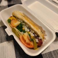 Chicago · Vienna link with mustard, neon green relish, onions, tomatoes wedges, a pickle spear and a s...