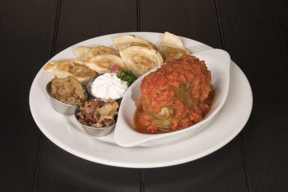 Combo Plate · Pierogi, choice of pork or beef stuffed cabbage roll, covered with signature tomato sauce or creamy mushroom sauce.