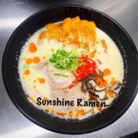 Sunshine Ramen · Pork or chicken cutlet, beansprouts, green onion, chili oil, boiled egg, and wood ear mushro...