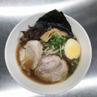 Shoyu Ramen · Soy sauces flavor. 2 slices of chashu pork, boiled egg, green onion, bean sprouts & wood ear...