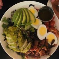 Cobb Salad · Mesculin, grilled chicken, bacon, egg, tomato, red onion, avocado, blue cheese,  red wine vi...