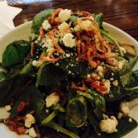 Spinach Salad · Baby spinach, Granny Smith apple, blue cheese, almond, crispy shallot and balsamic vinaigret...