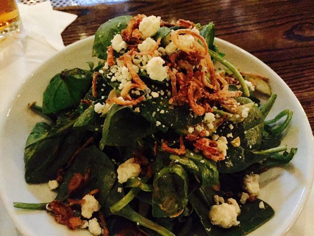 Spinach Salad · Baby spinach, Granny Smith apple, blue cheese, almond, crispy shallot and balsamic vinaigrette.