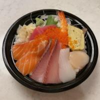 Chirashi Bowl · Variety of sliced fish with tamago and veggies on the sushi rice.