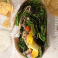 Chipotle Chicken and Mango Wrap · Organic mixed lettuce, fresh mango, green pepper, red onions, tomatoes, cilantro, all natura...