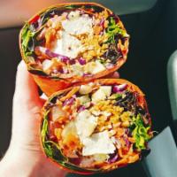 Grilled Tofu Wrap · Grilled tofu, cucumbers, carrots, tomatoes, red cabbage, organic spinach, our homemade vegan...