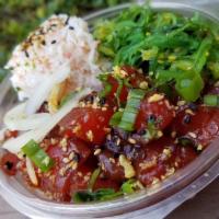 Classic Shoyu Bowl · Ahi tuna, sweet shoyu, green onion, kukui nuts, furakaki, seaweed salad, krab salad.