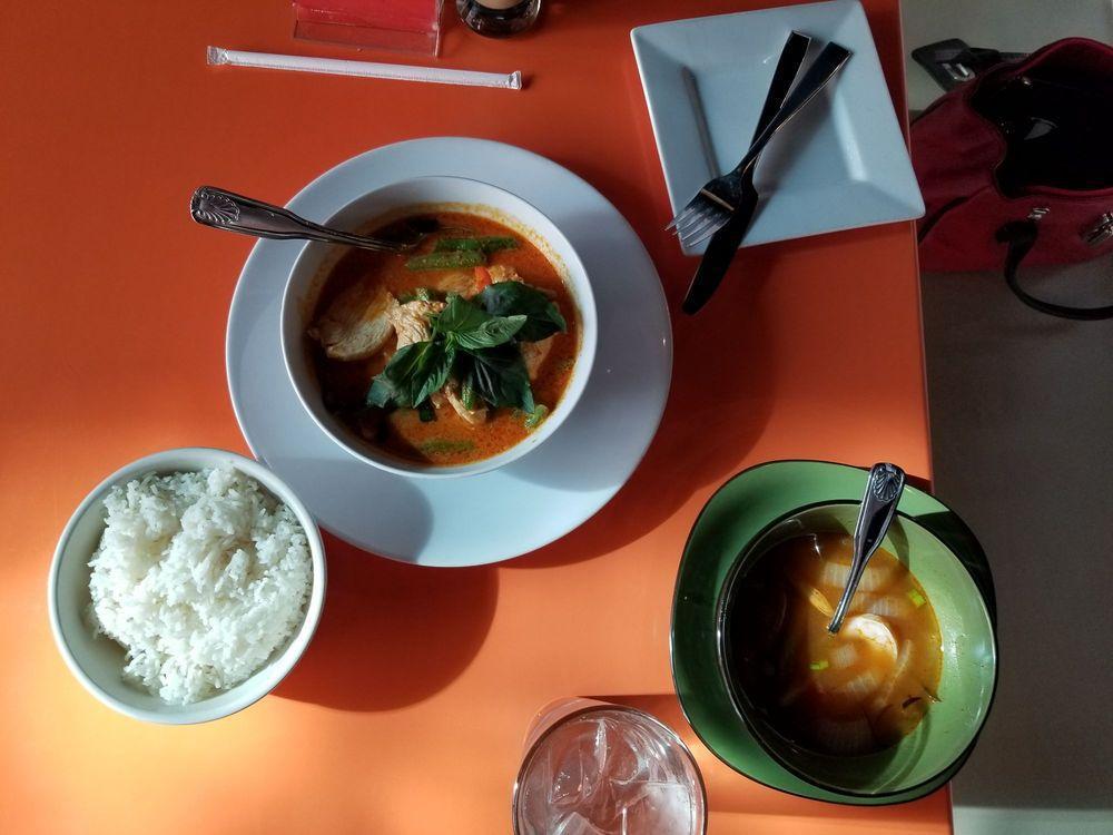 Red Curry · Simmered red curry, mixed vegetables in coconut milk. Spicy. Gluten free.