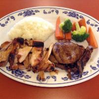 Chicken and Beef · Chicken and beef, marinated in teriyaki sauce and grilled. Served with a side of rice.