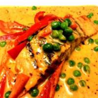 Panang Curry · Red bell peppers, peas, in coconut soup base with panang curry sauce. Served with jasmine ri...