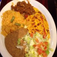 San Antonio Plate · 2 cheese enchiladas covered with homemade enchilada sauce with a side of carne guisada. Serv...