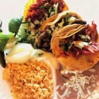 3 Tacos Combo Plate · 3 tacos (ONE MEAT) of your choice with rice & beans