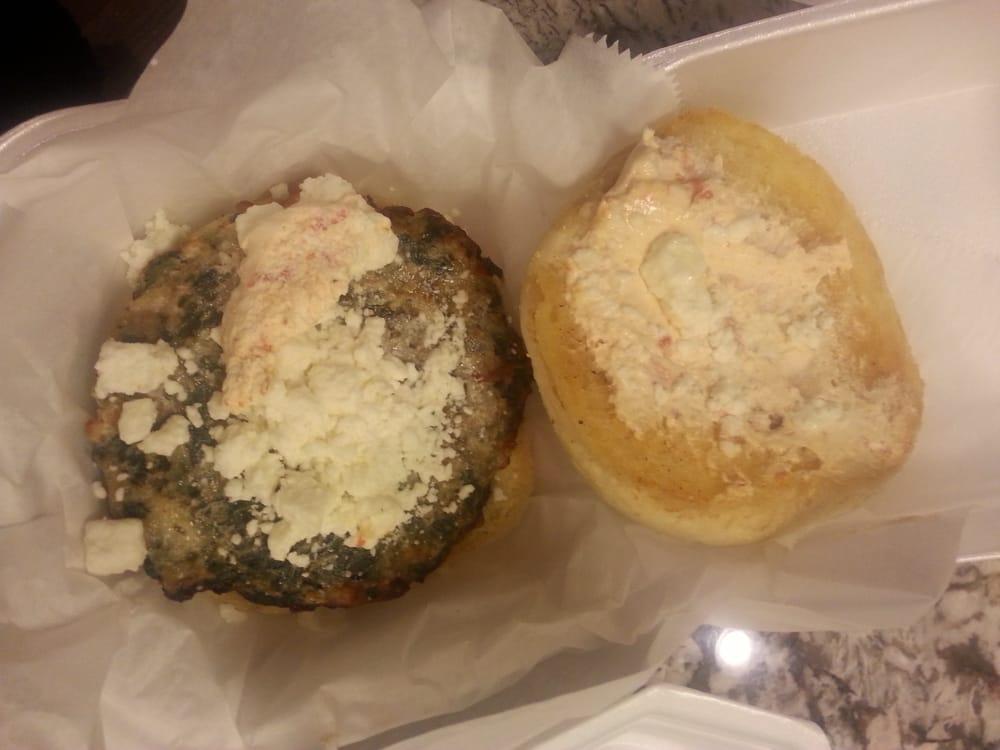 Spinach Burger · A special blend of ground turkey and chopped spinach, mixed with mozzarella, and topped with feta cheese. Served in a 1/3 lb patty on our toasted potato bun.