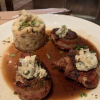 Elba Blues ·  For you Napoleon…. Pan fried medallions of pork tenderloin wrapped with bacon and melted bl...