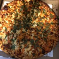 Buffalo Chicken Pizza · Frank's Best Hot Sauce, chicken breast, red onion, and cilantro