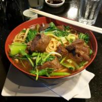 Taiwanese Beef Noodle Soup · Beef only. Egg noodle with Chinese bok choy and cilantro, with beef shanks in beef broth.