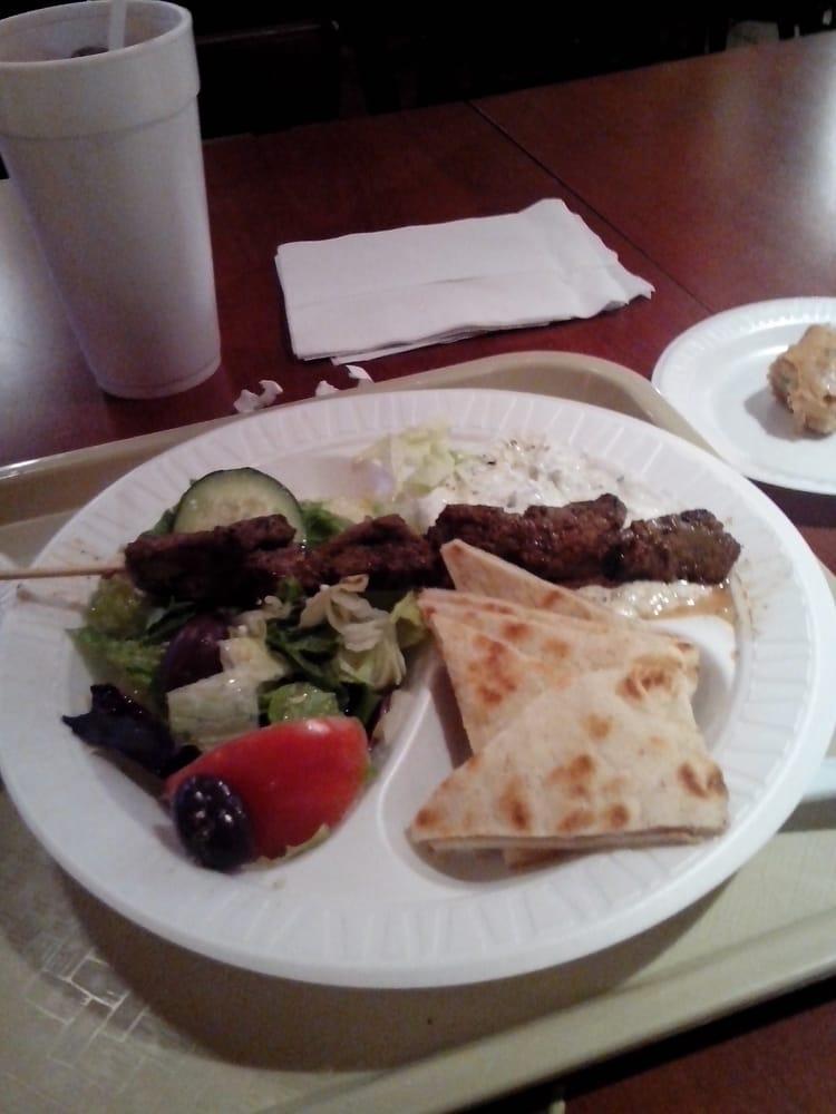 Greek Platter · Fresh Greek salad, cucumber sauce, grilled Grecian pita, and choice of kabobs. You can order this platter with 1 or 2 kabobs. You may mix or match the kabobs.