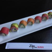 Rainbow Roll · California roll topped with tuna, salmon, red snapper, shrimp and avocado.