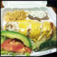 Chimichanga · Your choice of meat. Lettuce, guacamole, tomato, jalapeno, sour cream, rice and beans.