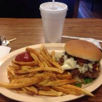 The Jungle Burger · Sauteed Onions, mushrooms, jalapenos, bell peppers, American and Provolone cheese, mayo, ket...