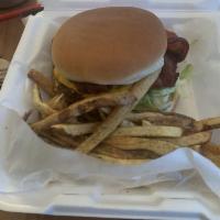 Bacon Cheeseburger · Loaded with bacon, American cheese, mayo, lettuce, tomato, onions, pickles