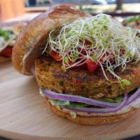 Sprouted Veggie Burger · Vegan veggie, organic mixed greens, red onions, roasted red peppers, alfalfa sprouts, Dijon ...