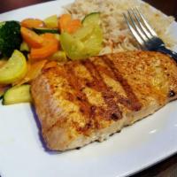 Grilled Salmon · Served with Veggies and Rice.