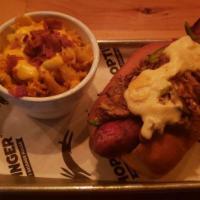 Chorizo Mac and Cheese Bratwurst · Beer-poached Hoptinger bratwurst, chorizo mac and cheese, layered with bacon strips and Jon ...