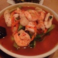 Spicy Seafood Noodle Soup · Shrimp, calamari, mussel and vegetables with egg noodles in a spicy Korean broth. Spicy.
