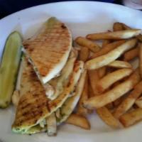 Chicken Pesto Panini · Grilled chicken, fresh mozzarella and roasted peppers with pesto.