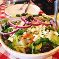 Mediterranean Salad · Romaine lettuce, cucumbers, tomatoes, Kalamata olives, feta cheese, red onion, vinaigrette d...
