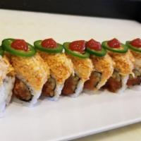 Panic Roll Special · Spicy tuna roll topped with spicy crab meat, sliced jalapeno, and hot sauce.
