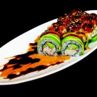 Super Mario Roll · Crab mix, cucumber topped with avocado, baked crawfish, scallop, jalapeno, eel sauce, spicy ...