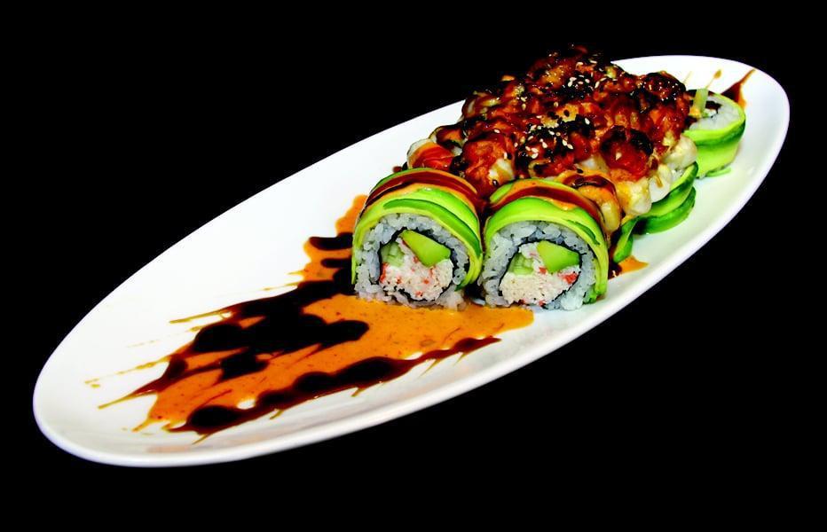 Super Mario Roll · Crab mix, cucumber topped with avocado, baked crawfish, scallop, jalapeno, eel sauce, spicy mayo.