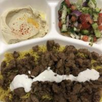 Gyro Plate · Rice, hummus, salad, and tzatziki sauce.