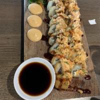 Crunch Roll · Seaweed, cream cheese, cucumber,  imitation crab, shrimp tempura, avocado,  topped with spic...