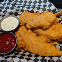 Chicken Strips · Steamed then baked bits of chicken breast, served with our house sour cream capers-based dip...