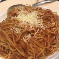 Spaghetti Marinara · Spaghetti with marinara sauce, grated Parmesan cheese and Italian parsley.