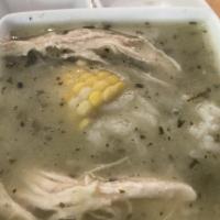 Ajiaco Soup · Traditional Colombian soup chicken, guasca, corn, and rice.