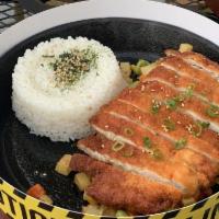 Chicken Cutlet Curry · chicken / breaded and fried / corn / bell pepper / potato / edamame / side of rice / curry o...