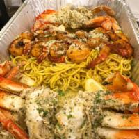 Half Dungeness Crab, Garlic Noodles and Blackened Prawns · 