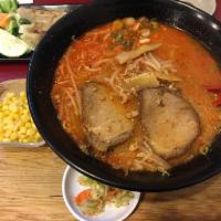 Spicy Miso Ramen · Miso soup base, ground pork, a slice of pork, bamboo shoots, bean sprouts, green onion, and ...
