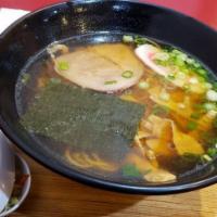 Hanaichi Ramen · Soy sauce soup base, green onion, nori, bamboo shoots, a slice of pork, and fish cake.